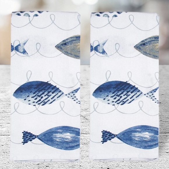 Mabelle Coastal Printed Kitchen Cotton Towels Nautical Beach Blue White 2 Pieces - Picture 9 of 13